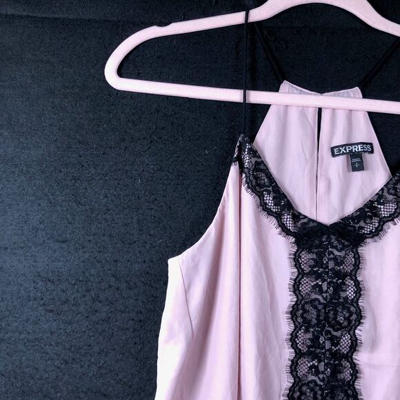 Express Womens Blouse Pink Black Lace V Neck Sleeveless Tank Keyhole Back Small - Picture 4 of 12